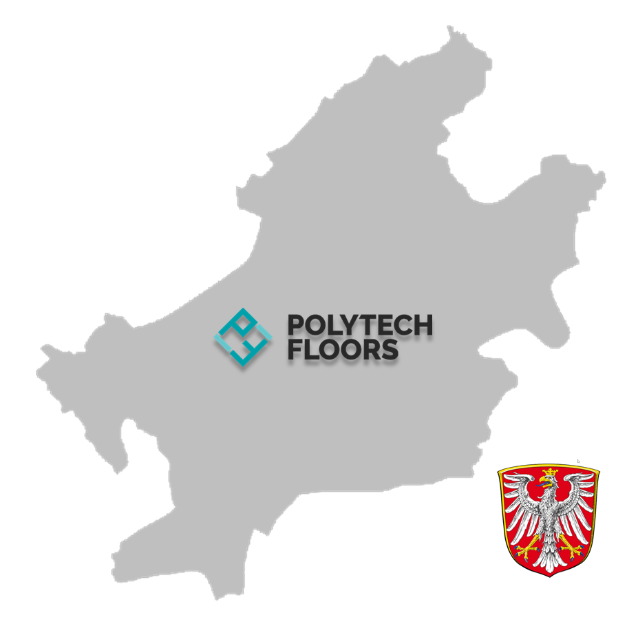 Umrisse von Frankfurt am Main und Logo von Polytech Floors