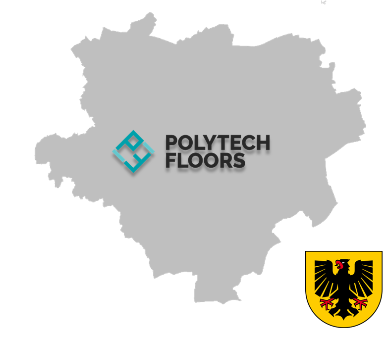Karte von Dortmund und Logo von Polytech Floors