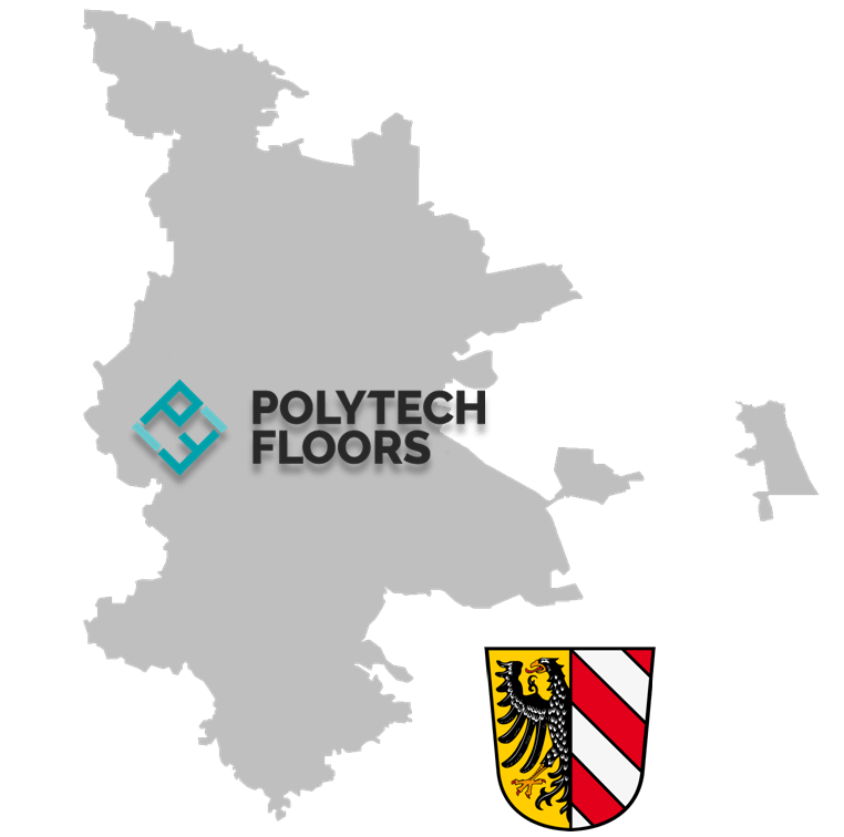 Umrisse von Nürnberg und Logo von Polytech Floors